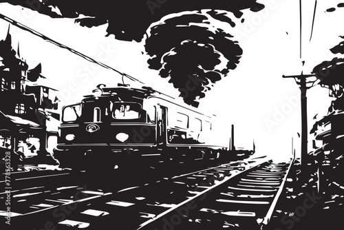 railway in the city with black and white theme