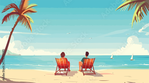 Couple sitting in deck chairs on beach at tropical