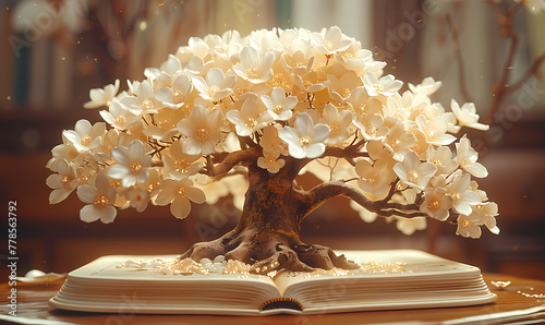 An enchanting image of an illuminated tree with a blooming crown of flowers growing from an open book laid on a wooden surface