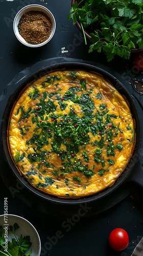 Persian Kookoo Sabzi Herb Frittata, Delicious food style, Horizontal top view from above