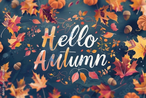 Hello Autumn Typography with Colorful Leaves and Fall Imagery Illustration