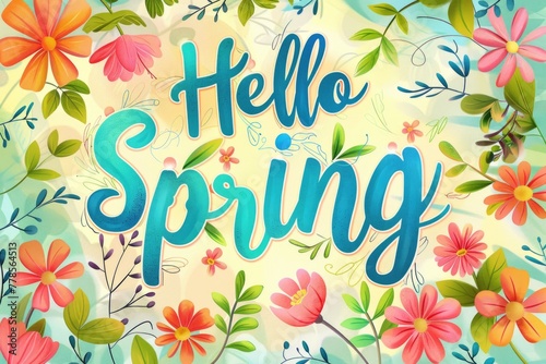 Vibrant  Hello Spring  greeting surrounded by blooming flowers and tender leaves  signaling renewal