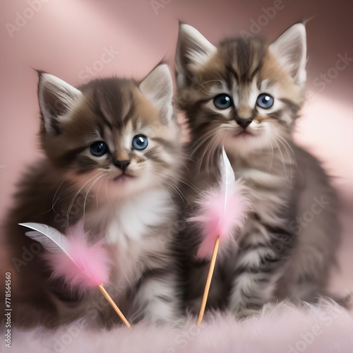 A trio of kittens with fluffy tails, playing with a feather wand toy2 photo