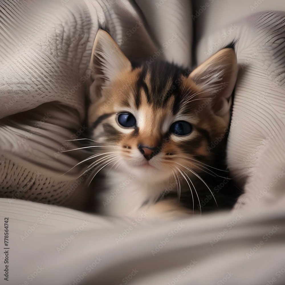 A sleepy kitten nestled in a cozy bed, with a tiny snore escaping its lips5