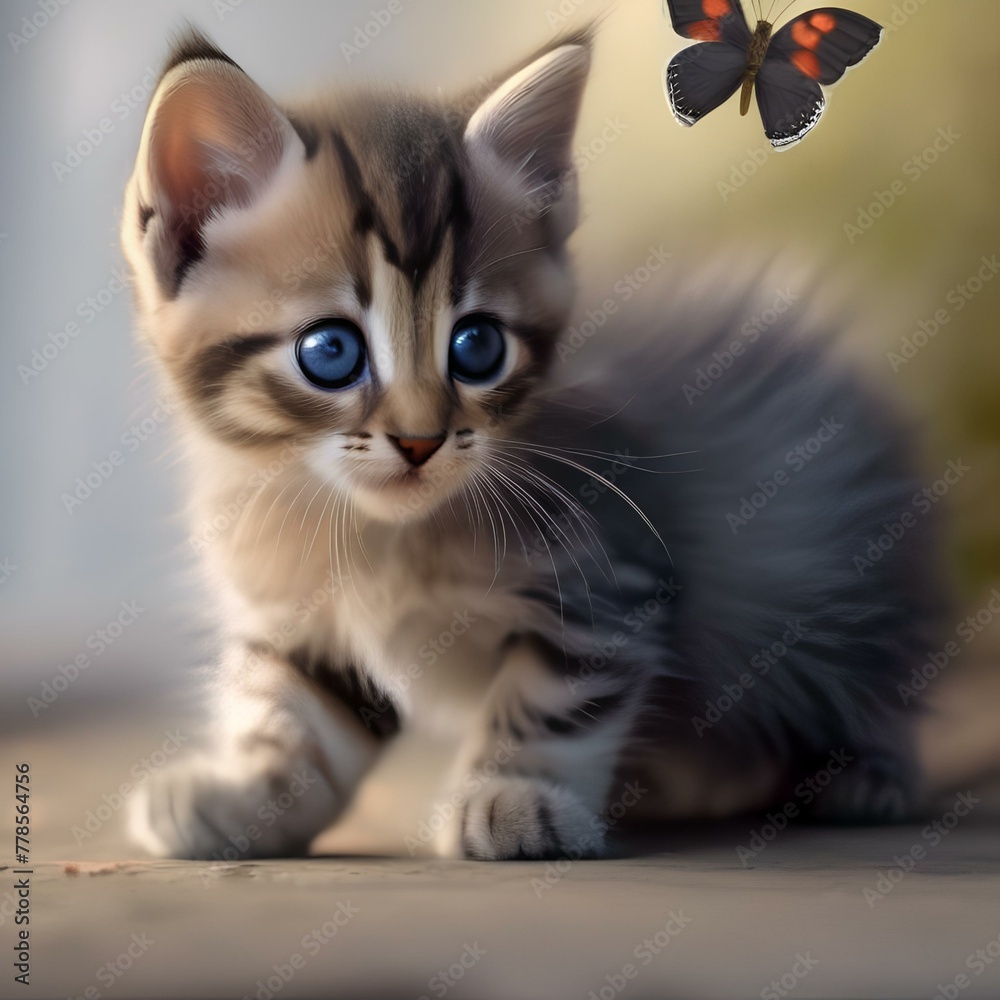 A curious kitten with big eyes, watching a butterfly flutter by4 A curious kitten with big eyes, watching a butterfly flutter by4