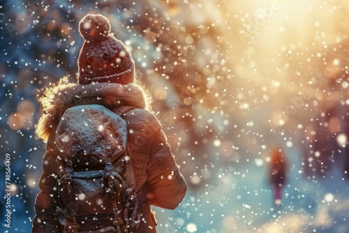 Winter Wonderland Person in Warm Clothing Exploring Snowy Landscape with Backlit Snowflakes