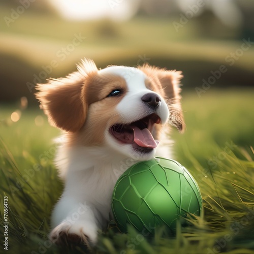 A happy puppy with a wagging tail, playing with a ball in a grassy field3 photo