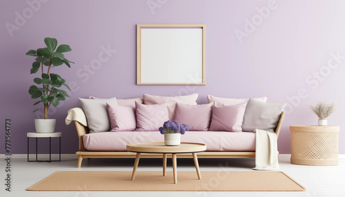 Modern living room interior with lilac walls pink sofa coffee table houseplant and mockup frame