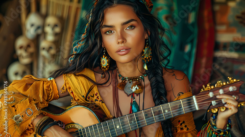 Boho-chic styled woman with tattoos plays the guitar, amidst a backdrop of rich textures and colors