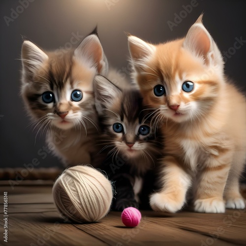 A trio of kittens with fluffy tails, chasing a bouncing ball of yarn2 © Ai.Art.Creations