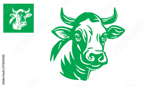 GREEN HORNED COW HEAD LOGO, silhouette of smile and healthy cattle vector illustrations