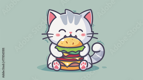 Cute cat eating burger icon illustration vector gra