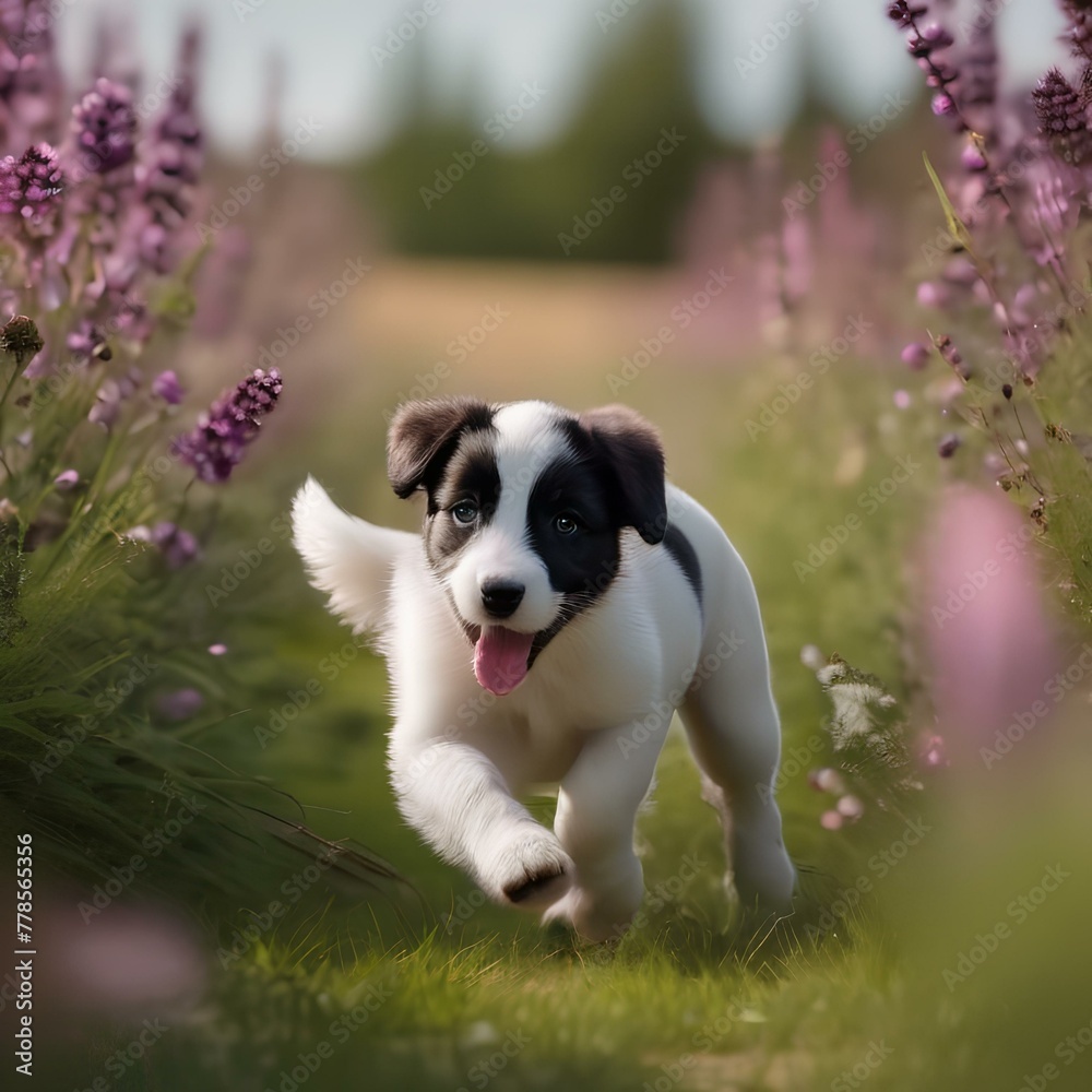 A playful puppy with a wagging tail, chasing a ball through a field of wildflowers5