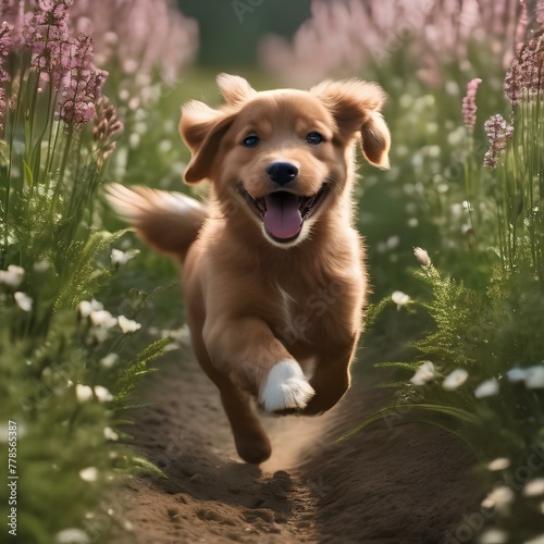 A happy-go-lucky puppy with a wagging tail, running through a field of flowers5 photo