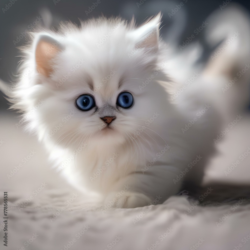 A fluffy white Persian kitten with a playful expression, chasing a feather toy3