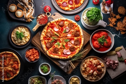 Foodie concept of delicious pizza on wooden board with dip sauce and many Italian food dishes isolated on black background, shot in a studio.