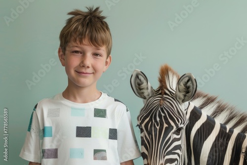 boy , zebra animal, portrait. Pastel turquoise background. Zoo advertising. Banner. To love animals. Veterinary