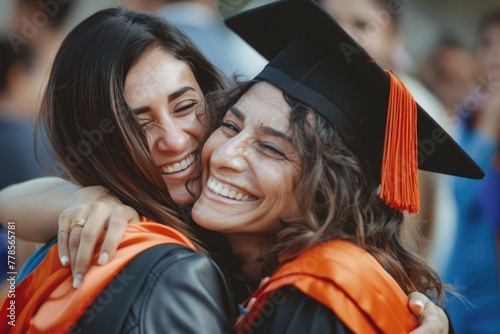 portrait of a graduate wearing a graduation cap. congratulation. hugs from relatives. Master's degree. Bachelor. Graduation. photo