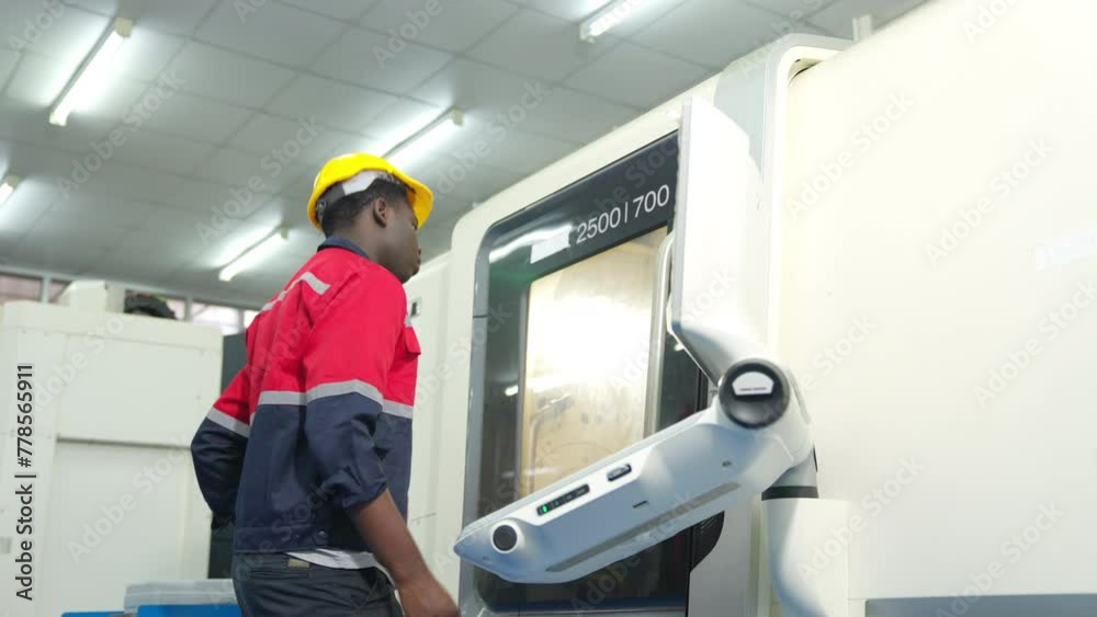 Manufacturing industry factory manufacturing technology concept. African man engineer worker in safety wear working and maintaining control CNC lathe machine system screen in factory plant room. Manufacturing industry factory manufacturing technology concept. African man engineer worker in safety wear working and maintaining control CNC lathe machine system screen in factory plant room.
