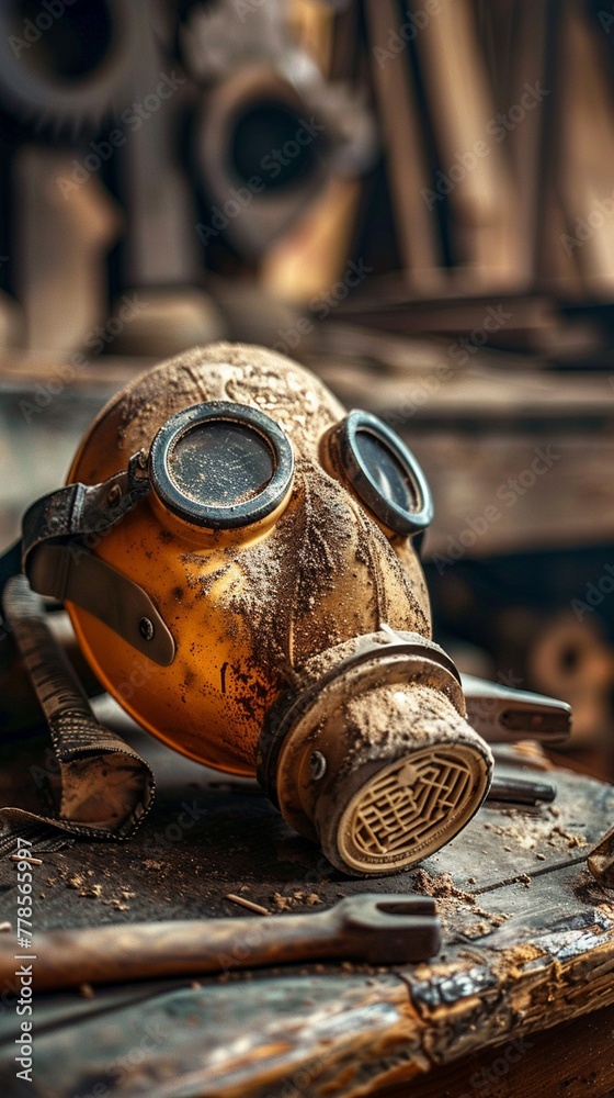 Close-up of dust mask with tools in background, studio lighting, eye level, high contrast