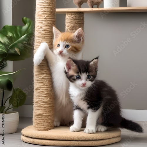 A trio of kittens of different colors, climbing a scratching post with determination2 photo