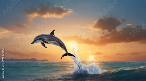 beautiful dolphin jumped from the ocean at the sunset time.generative.ai © Neelam