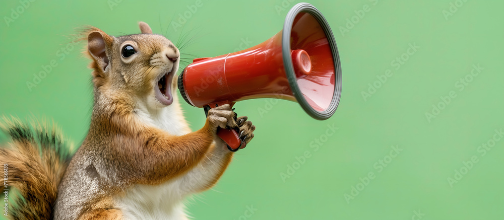 Fototapeta premium Squirrel announcing using megaphone. Notifying, warning, announcement.