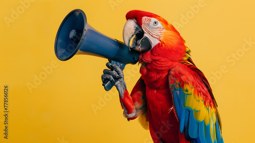 Scarlet macaw parrot . announcing using megaphone. Notifying, warning, announcement.