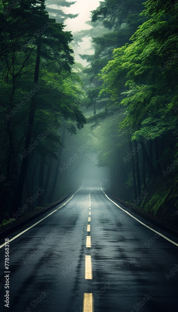 Obraz premium Road in foggy forest in rainy day in spring. Beautiful mountain curved roadway, trees with green foliage in fog and overcast sky. Landscape with empty asphalt road through woods in summer.