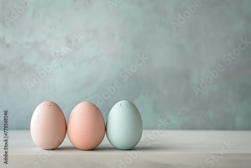 Trio of speckled Easter eggs, pastel colors, elegant simplicity against textured grey background with copy space