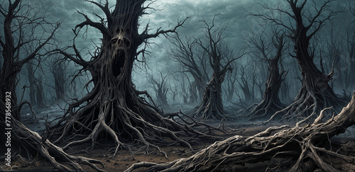 Haunted forest of dead skull trees, desolate cursed landscape shrouded in poisonous fog where no living being can survive. photo