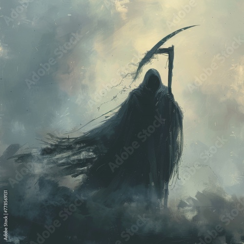 A grim reaper, scythe in hand, emerges from the mist, his cloak billowing in an unseen, malevolent wind