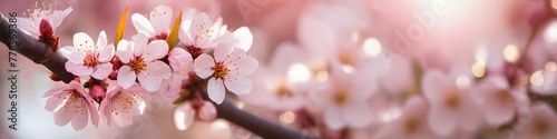Closeup spring flowers, cherry tree with light bokeh, ultra wide, spring and summer background concept