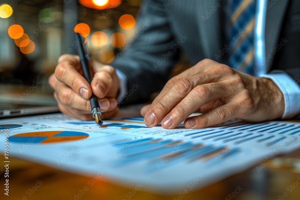 Close-up of businessman analyzing financial charts with pen on desk.