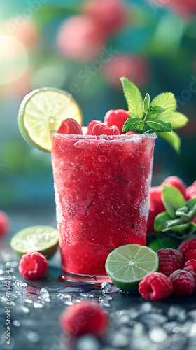 Raspberry Lime Delight Shake Garnish with a slice of lime on the rim of the glass, blur background, delicious food style, natural look