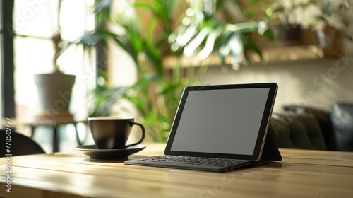 Tablet with keyboard on wooden table beside coffee cup in a cozy workspace with plants.