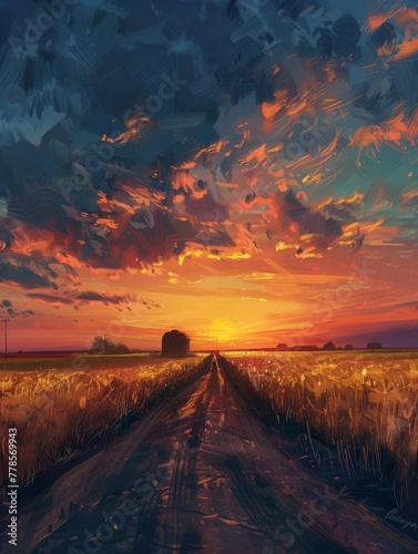 A tank at the end of a long, dusty road, surrounded by fields of gold, the sunset bathing the scene in a soft, forgiving light, a moment of rest on a journey