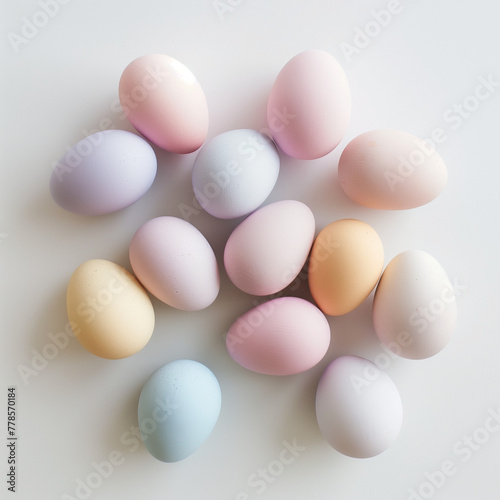 Assortment of matte pastel Easter eggs, soft delicate hues, elegant simplicity on white background
