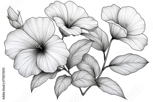 Hand-drawn Hibiscus flower isolated on transparent background. Floral outline style. Vector illustration.