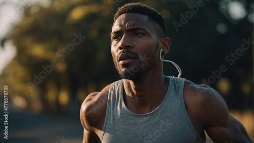 Sports, portrait and male athlete running with earphones for music, radio or podcast for motivation, Fitness, exercise and man runner in outdoor cardio workout routine for race or marathon training photo