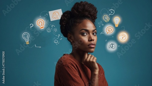 Thinking, idea and black woman with mockup in studio for planning, questions or asking on blue background, Why, curious and African female model with emoji guess for problem solving or brainstorming