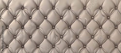 A closeup of a grey tufted leather wall with button detailing  creating a symmetrical pattern. The leather material resembles a mesh or net design  with metal accents