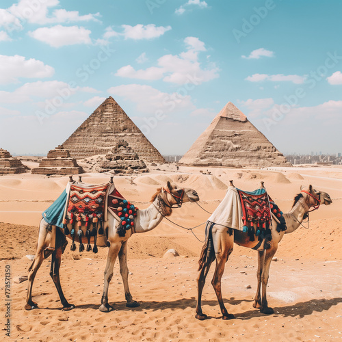 Camels in Front of the Majestic Egyptian Pyramids under Clear Blue Sky