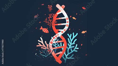 Creative representation of DNA strands intertwined with marine life, symbolizing biotechnology and marine conservation, ideal for educational publications and scientific presentations