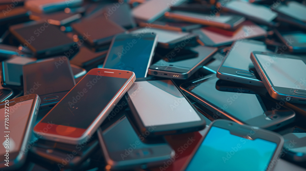 A pile of many mobile phones on a table. The background features various types and models of smartphones. A concept for technology, advertising, sales or marketing business. A pile of many mobile phones on a table. The background features various types and models of smartphones. A concept for technology, advertising, sales or marketing business.