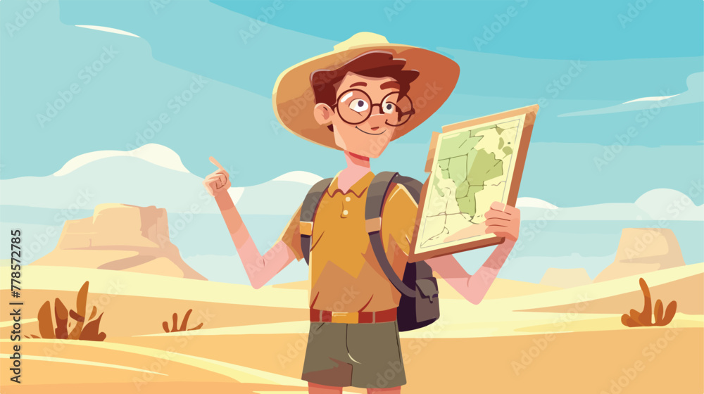 Explorer young man with safari hat holding treasure