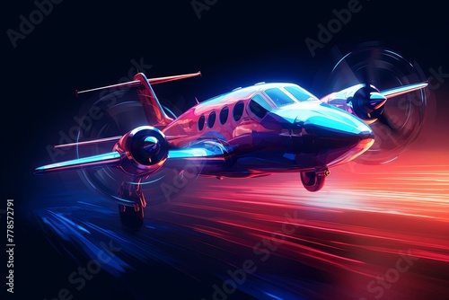 Abstract colorful aircraft or plane landing to the ground, isolated on dark reflective background. Concept of futuristic, fast, speed movement. Generative AI.