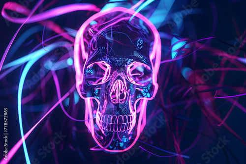 Neon wireframe skull with neon light trails isolated on black background.