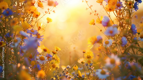 Golden Hour Wildflowers, Dreamy Nature Style, Growth and Vitality Concept, Ideal for Environmental Campaigns, Organic Product Packaging, Nature-Inspired Wall Art, with copy space.