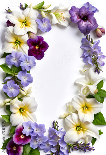 Tablet screenshot image of lavender jasmine lily hollyhocks pansy and periwinkle flowers border frame